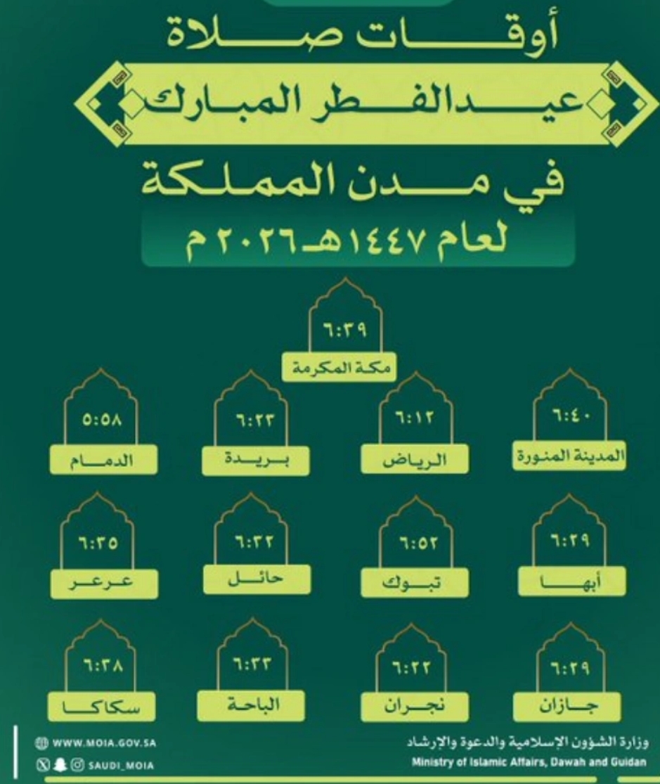 تعرّف على مواقيت صلاة عيد الفطر في مدن المملكة